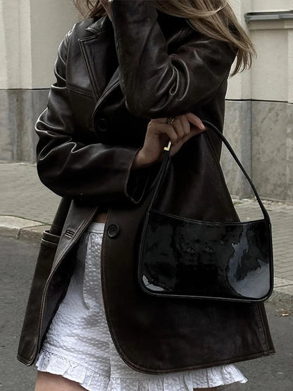 Brown Vintage Leather Jacket Lapel Breasted Pocket Women Commute Temperament Casual Suit PU Leather Coat Spring Autumn Blouse