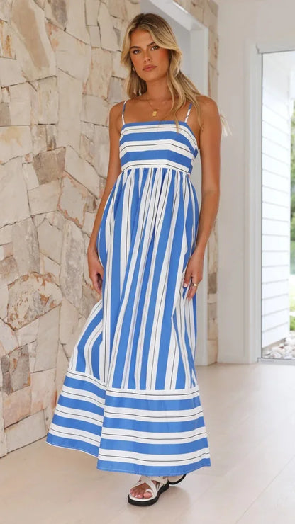 Fashion Stripe Slip Maxi Dress Women 2024 New Elegant Sleeveless Slash Neck Suspender Beach Dress Females Holiday Party Vestidos