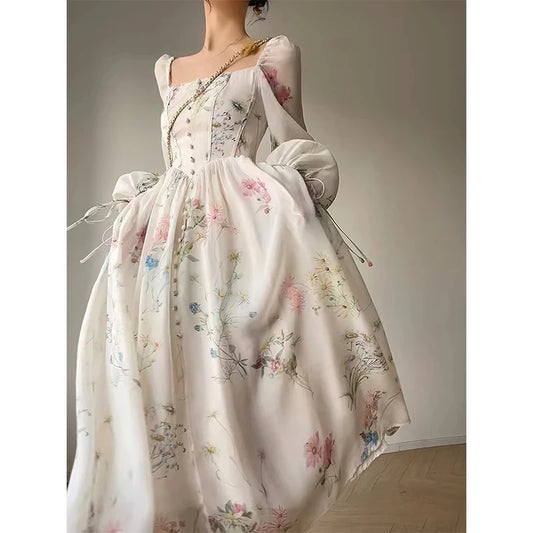 Vintage Floral Midi Dress Women Elegant Party Square Collar Dresses Summer Beach Fairy Korean Long Sleeve Bodycon Vestidos New