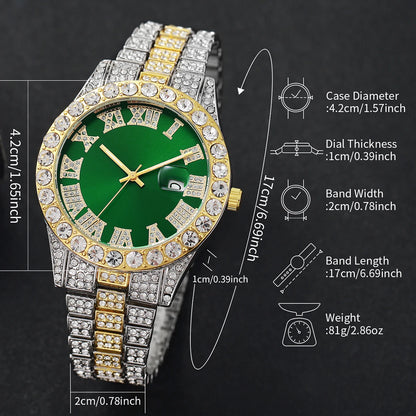 Luxury Full Diamond Men Calendar Quartz Watch Fashion Stainless Steel Band Male Quartz Wristwatches Date Clock Reloj Hombre