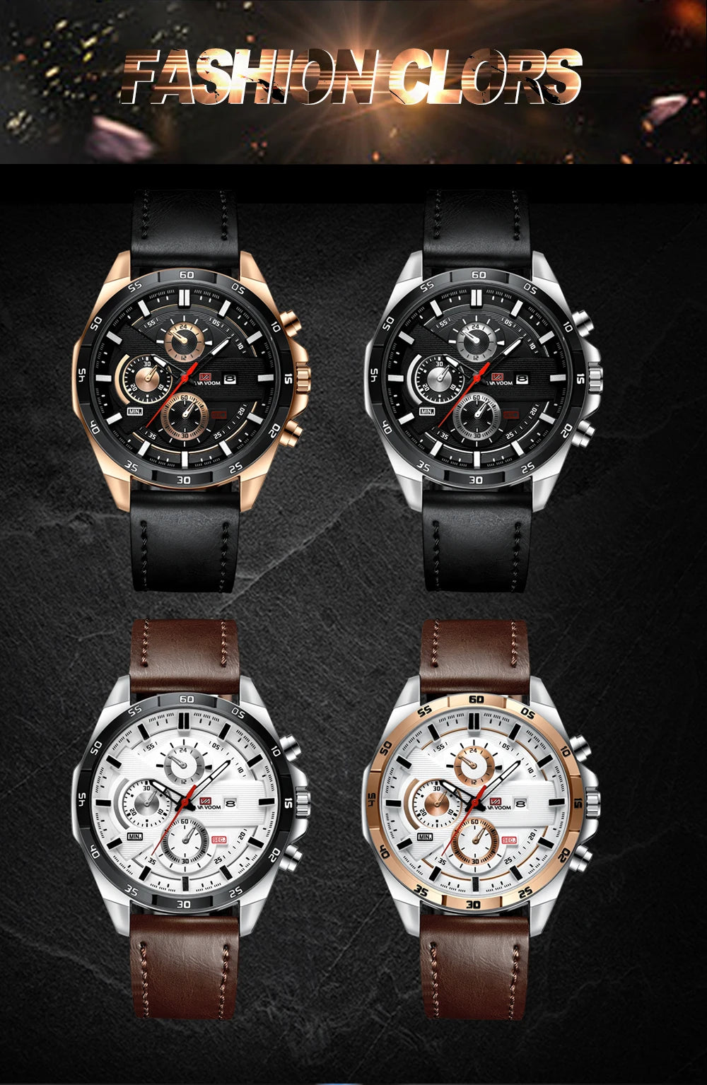 Top Men Watch Sports Style 46mm Large Leather Racing Style Casual Fashion Original Black Rose Gold Calendar Quartz Watch Relogio