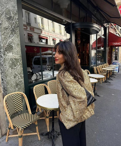 Suninheart Winter Women's Sequins Bomber Jacket Paillette Shiny Gold Jacket Coat Glitter Outerwear Lady New in Coats & Jackets