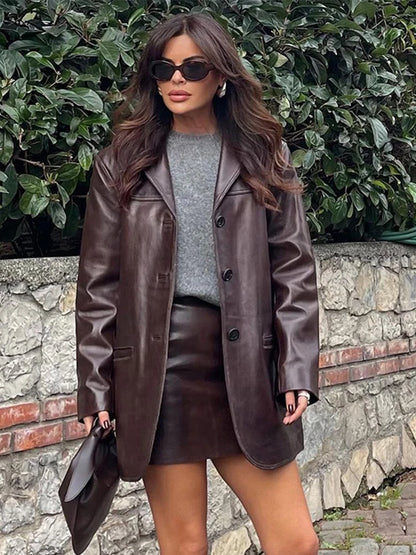 Brown Vintage Leather Jacket Lapel Breasted Pocket Women Commute Temperament Casual Suit PU Leather Coat Spring Autumn Blouse
