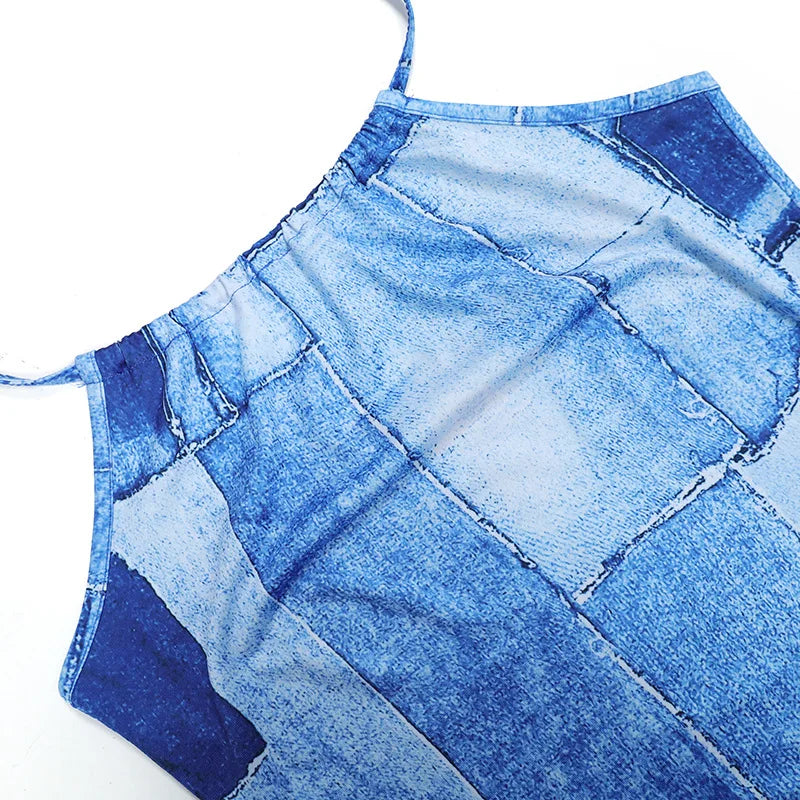 Summer Faux Denim Print Neck-mounted Spaghetti Strap Dress Women Sexy Slim Sleeveless Backless Dresses Fashion Wrap Hip Vestidos