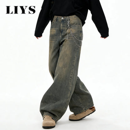 American Retro Baggy Wide Leg Jeans Men's Korea Streetwear Distressed y2k Clothing Casual Daily Four Seasons Denim Pants Unisex
