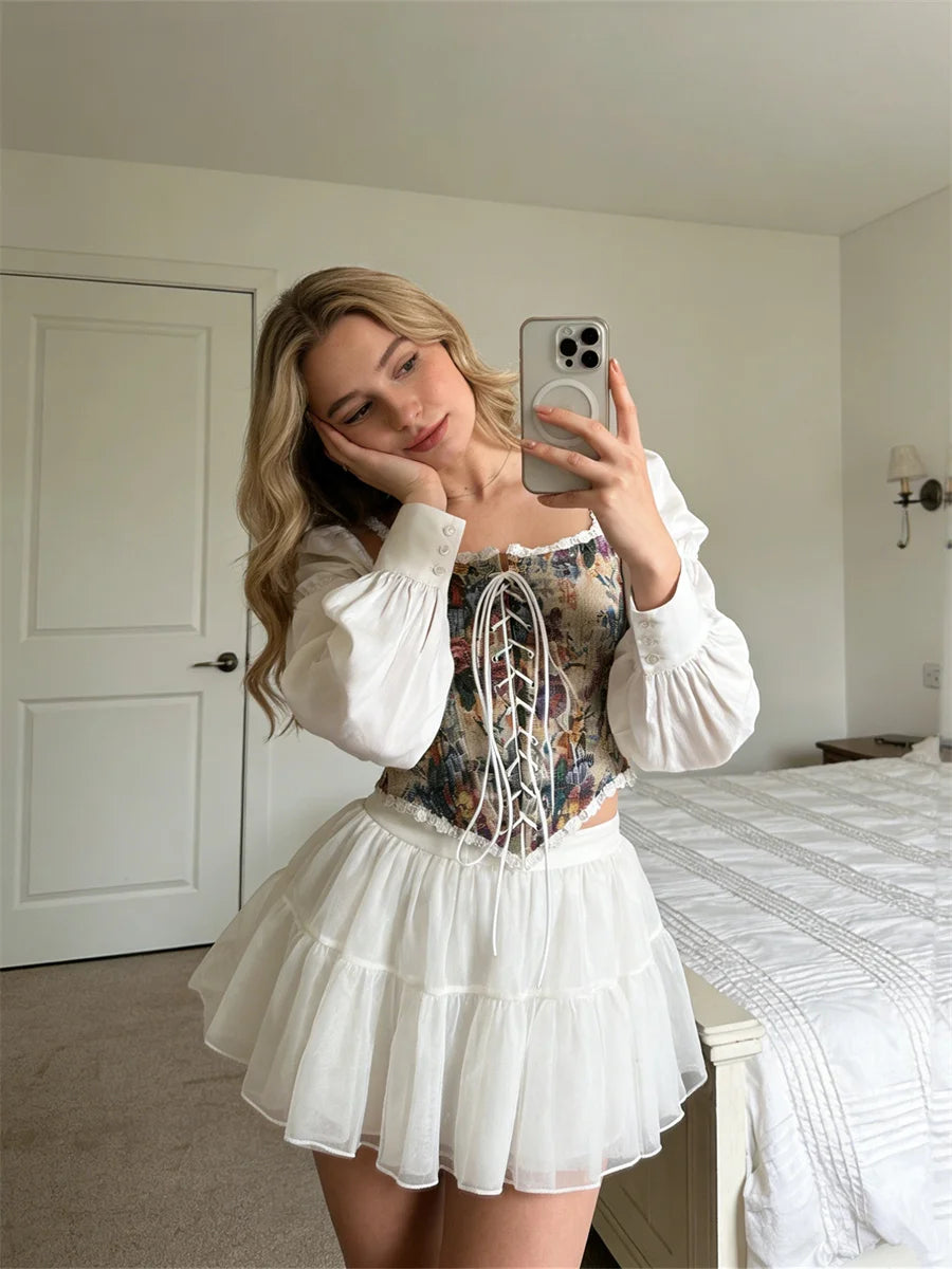Women Retro Jacquard Corset Lace Floral Trim Bandage Bustier Crop Tops Boat Neck Irregular Camisole Tank Tops Female