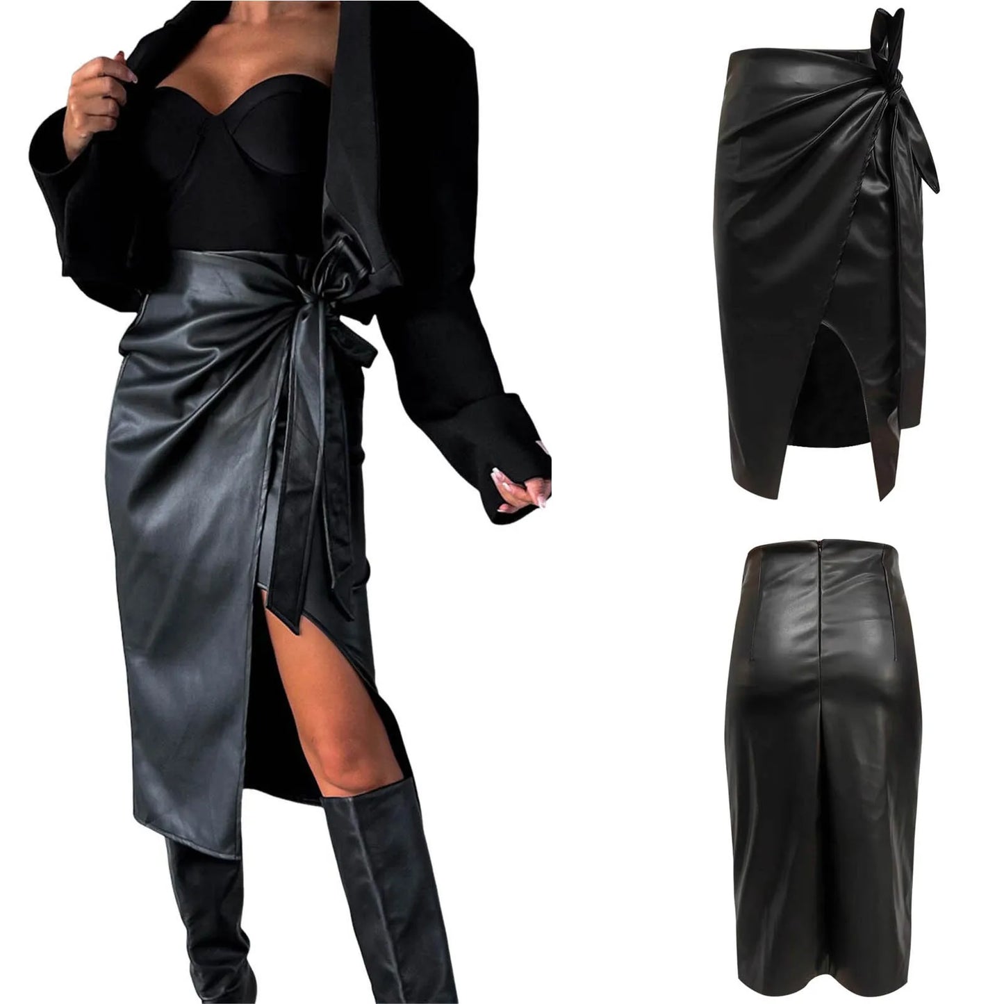 2024 New Women'S Pu Leather Skirt Fashion Office Ladies Irregualer High Waist Slim Midi Length Women'S Skirts Female