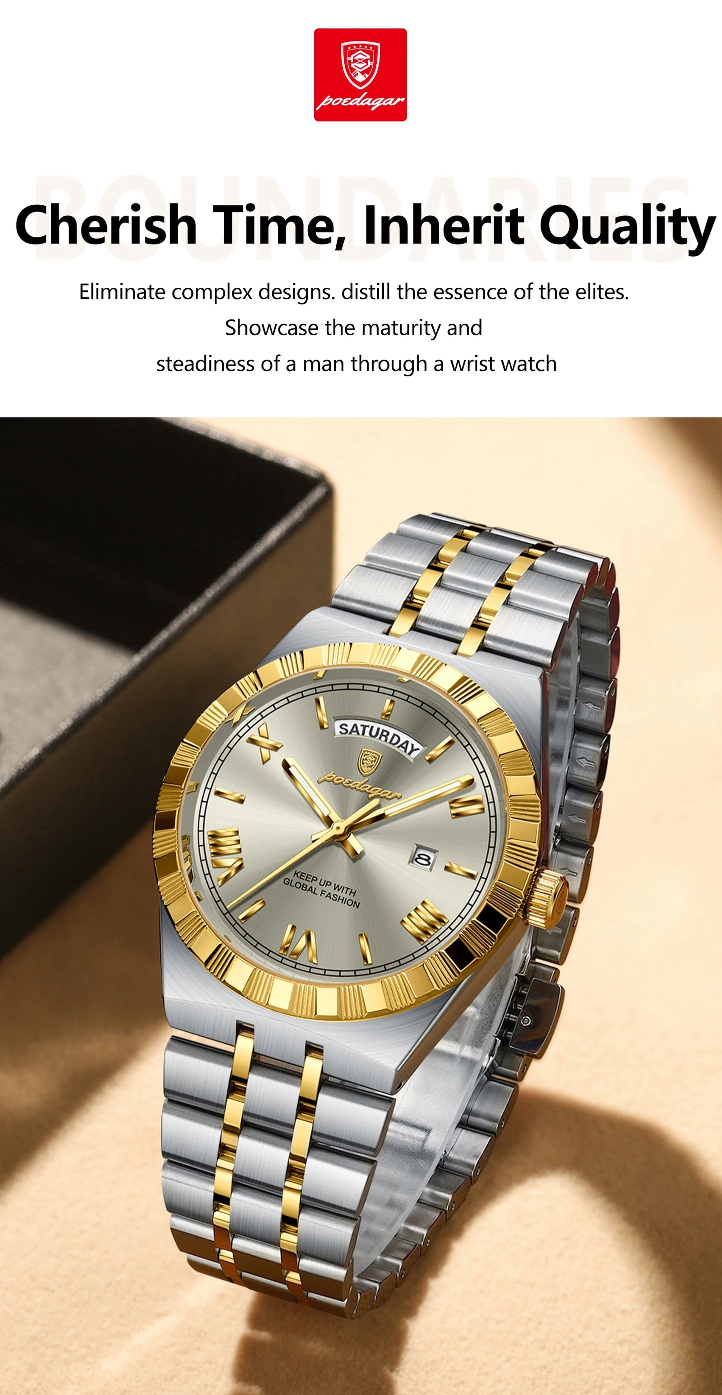 POEDAGAR Fashion Business Men's Watch Luminous Waterproof Week Date Luxury Man Wristwatch Stainless Steel Quartz Watches For Men