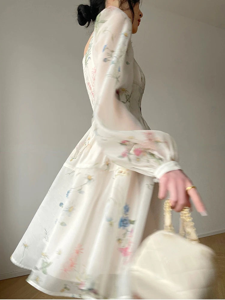 Vintage Floral Midi Dress Women Elegant Party Square Collar Dresses Summer Beach Fairy Korean Long Sleeve Bodycon Vestidos New