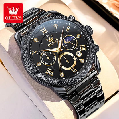 OLEVS 3660 Moon Phase Chronograph Luminous Men's Watches Leather Strap Waterproof Original Quartz Watch for Man Brand Wristwatch