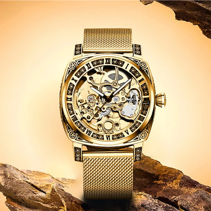 New men's watch with hollowed out carving design, high-end fashion disc gold mesh belt, men's fully automatic mechanical watch