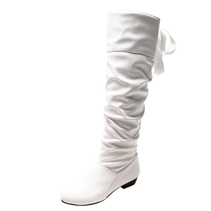 Womens Fashion Leather Shoes Bow Tie Thick Heel Long Boots Socks For Women Knee High Boots British Style 2024 Winter Flat Shoes