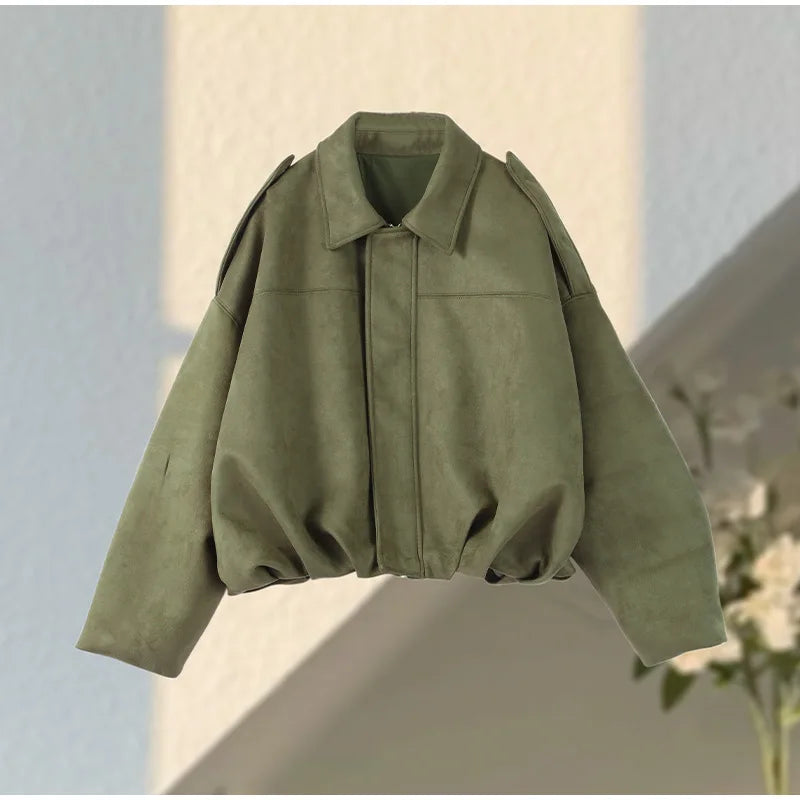 Autumn Women's Green Suede Short Jacket Loose Lapel Zipper Long Sleeve Bomber Coat Female 2025 New Lady High Street Outwears
