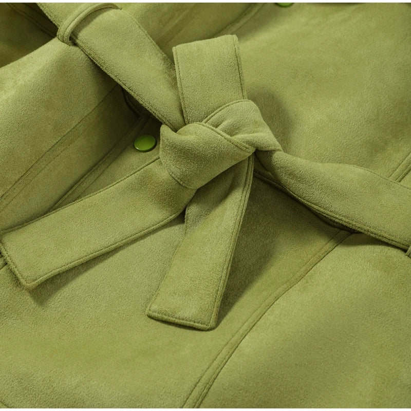 Autumn Women's Green Suede Short Jacket Loose Lapel Zipper Long Sleeve Bomber Coat Female 2025 New Lady High Street Outwears