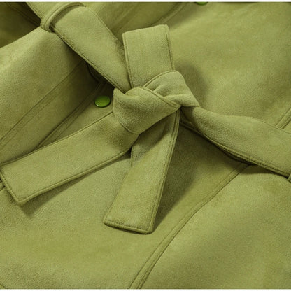 Autumn Women's Green Suede Short Jacket Loose Lapel Zipper Long Sleeve Bomber Coat Female 2025 New Lady High Street Outwears