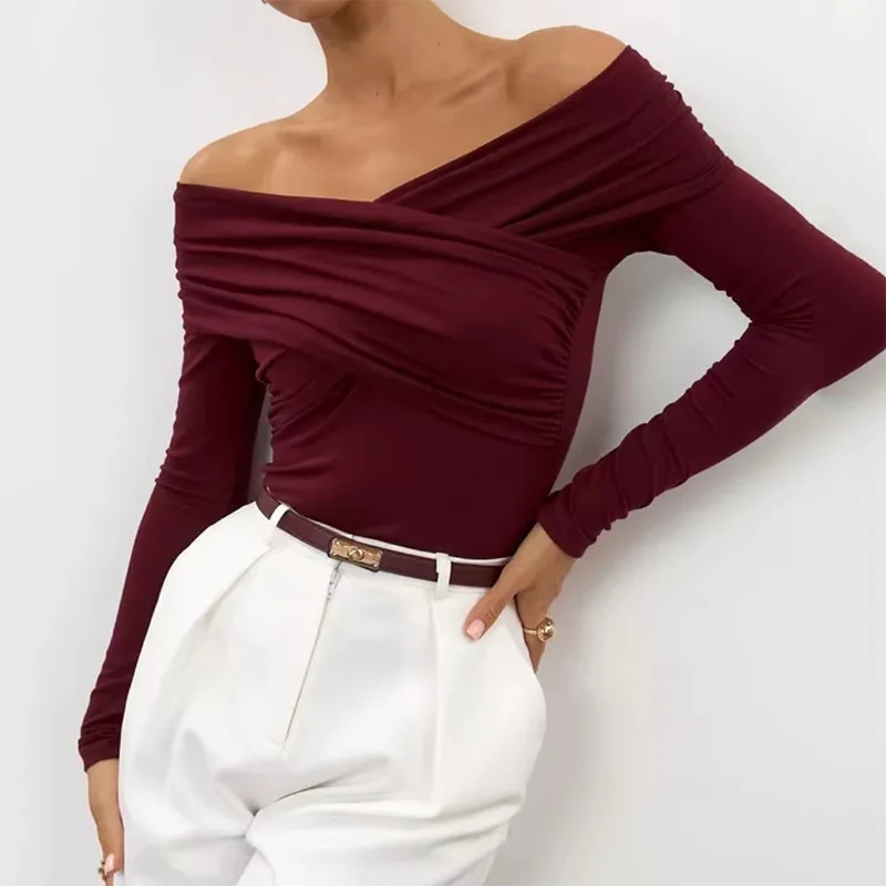 Autumn new 2024 sexy and fashionable V-neck off shoulder patchwork long sleeved slim fit versatile casual jumpsuit for woman