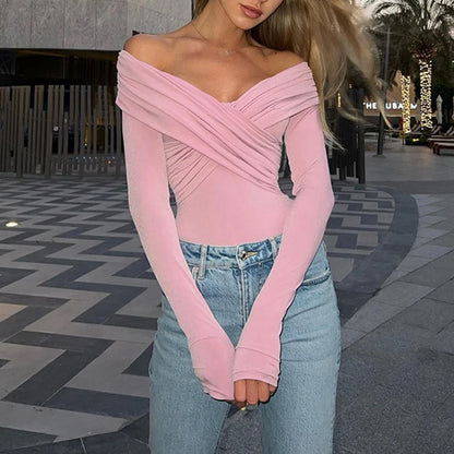 Autumn new 2024 sexy and fashionable V-neck off shoulder patchwork long sleeved slim fit versatile casual jumpsuit for woman