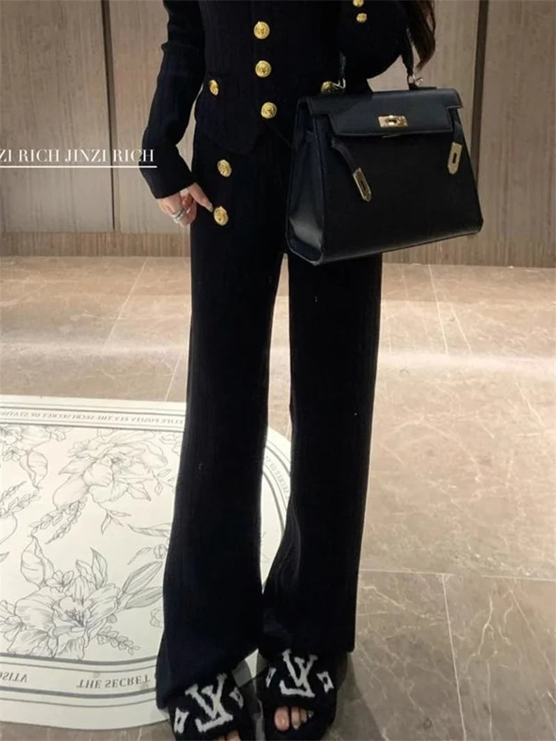 Autumn Winter Luxury Women Suits Fashion V Neck Golden Buttons Elegant Cardigan Coats + Knitted Wide Leg Pants 2-piece Set Q891