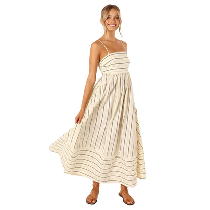 Fashion Stripe Slip Maxi Dress Women 2024 New Elegant Sleeveless Slash Neck Suspender Beach Dress Females Holiday Party Vestidos