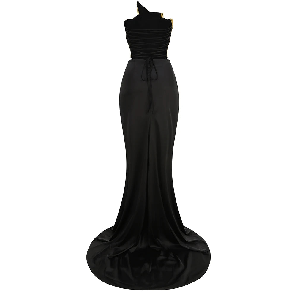 2024 New Arrival Women Gold Color Sexy Laced-up Tops 2 Pieces Bodycon Floor-Length Dress Celebrate Evening Party Prom Dress