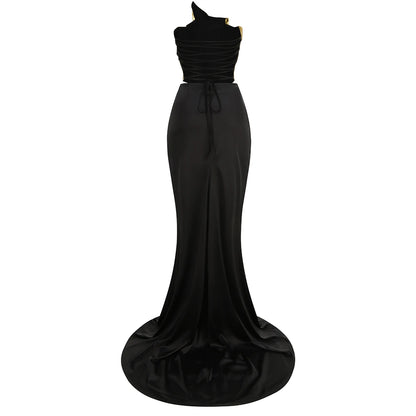 2024 New Arrival Women Gold Color Sexy Laced-up Tops 2 Pieces Bodycon Floor-Length Dress Celebrate Evening Party Prom Dress