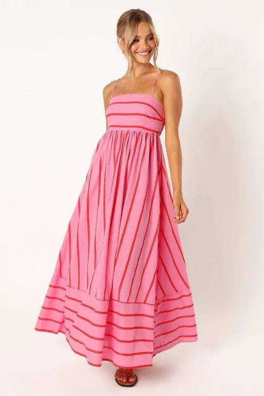 Fashion Stripe Slip Maxi Dress Women 2024 New Elegant Sleeveless Slash Neck Suspender Beach Dress Females Holiday Party Vestidos