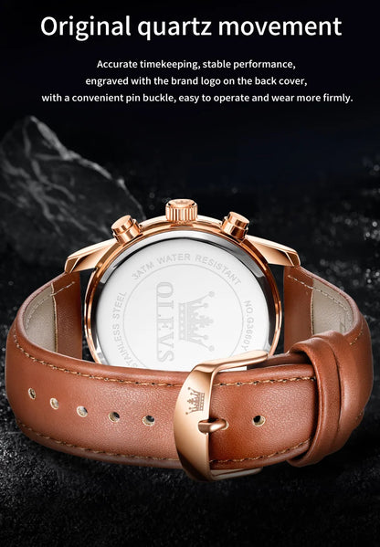 OLEVS 3660 Moon Phase Chronograph Luminous Men's Watches Leather Strap Waterproof Original Quartz Watch for Man Brand Wristwatch