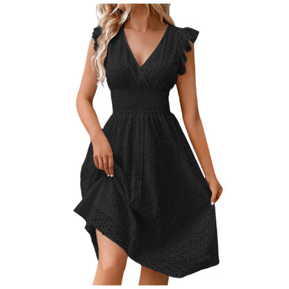 Summer Womens Vacation Short Dress Sexy V Neck Flare Sleeve Solid Color Hollow Lace Waist Dress Casual Beach Holiday Dresses