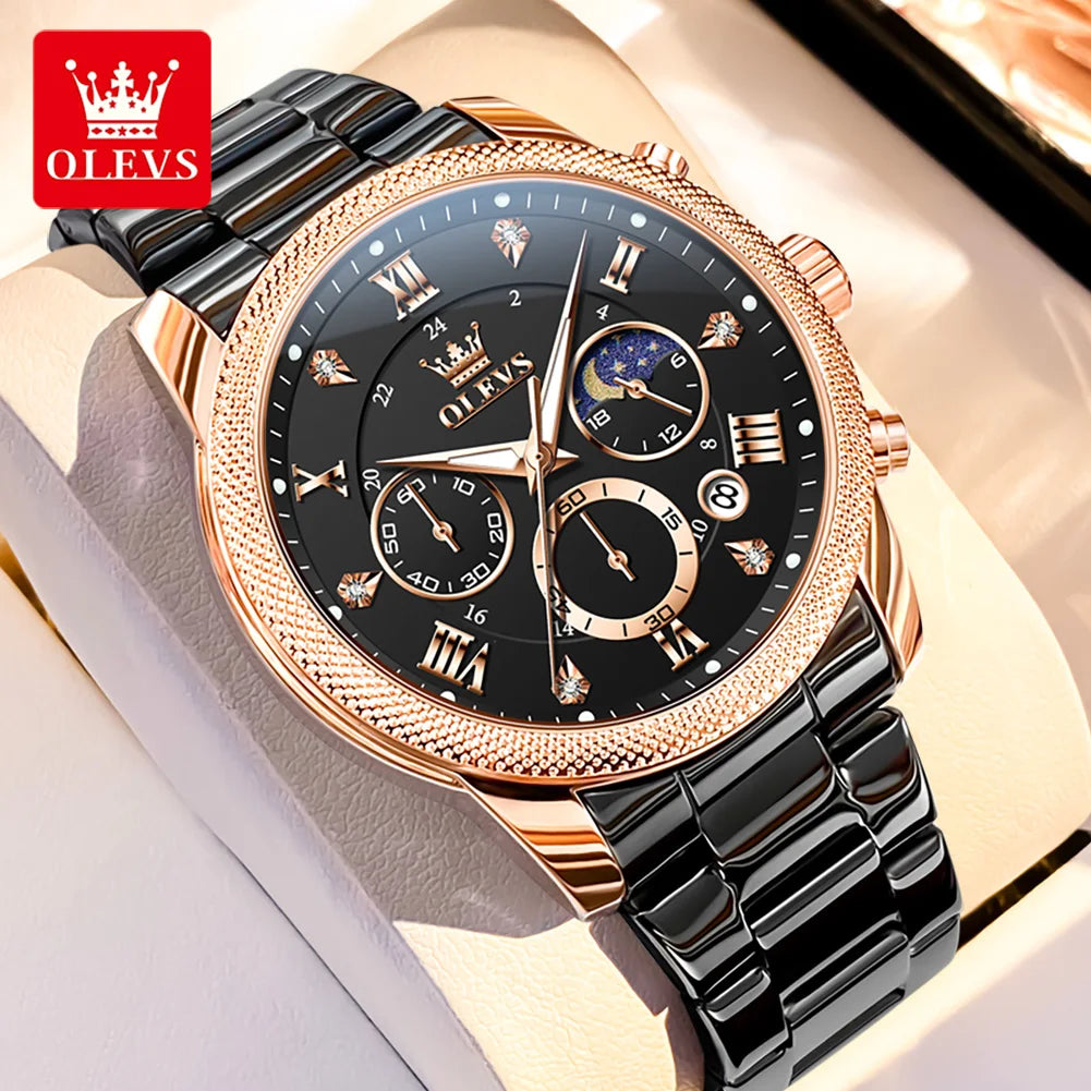 OLEVS 3660 Moon Phase Chronograph Luminous Men's Watches Leather Strap Waterproof Original Quartz Watch for Man Brand Wristwatch