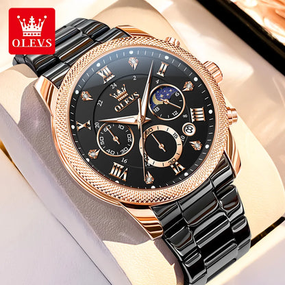 OLEVS 3660 Moon Phase Chronograph Luminous Men's Watches Leather Strap Waterproof Original Quartz Watch for Man Brand Wristwatch