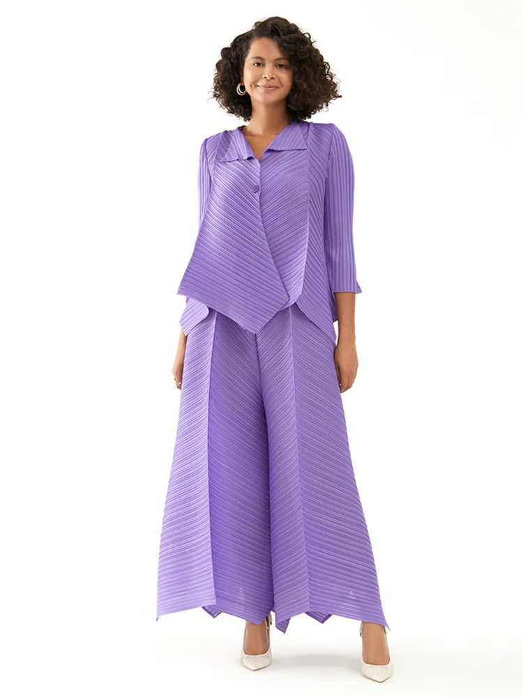 Miyake Pleated Two Piece Sets Spring New Korean Style Single Button Shirt Jacket Harem Pants Loose Designer Aesthetic Clothes