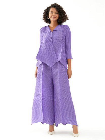 Miyake Pleated Two Piece Sets Spring New Korean Style Single Button Shirt Jacket Harem Pants Loose Designer Aesthetic Clothes