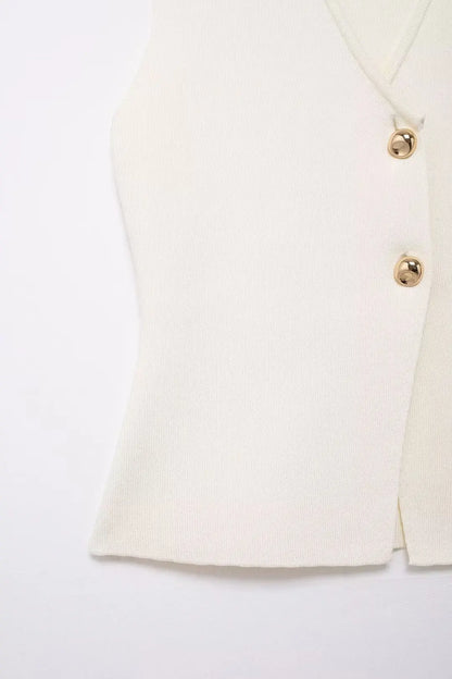 HH Women 2 Piece Skirt Set Elegant V-Neck Sleeveless Button Knitted Vest Top+Splicing High Waist Zipper Ankle-Length Skirts