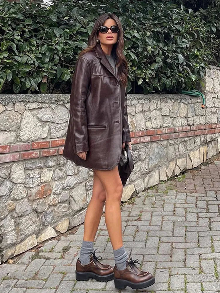 Brown Vintage Leather Jacket Lapel Breasted Pocket Women Commute Temperament Casual Suit PU Leather Coat Spring Autumn Blouse