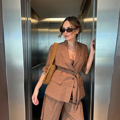 Cotton Linen Belt Blazer Shorts Sets Women Loose Lapel Half Sleeve Jackets Wide Leg Short Pants 2025 Summer Lady Street Outfits