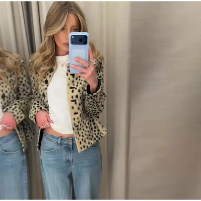 Leopard Print Cropped Jacket Round Neck Long Sleeve Button Front 2026 Spring Edgy Women Outerwear Fashion Chic Street Lady Coats