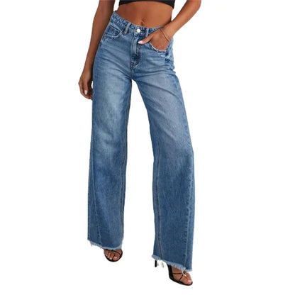 Fashion Straight Tassel Jeans Women Mid Waist Button Pocket Denim Pants Female Commuter Casual Loose Wide Leg Trousers 2023 New