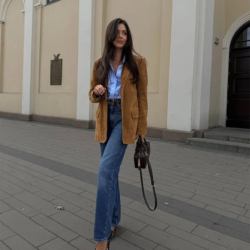 Vintage Suede Single Breasted Female Jackets Chic Long Sleeve Lapel Coats for Women 2025 Spring New Lady Outerwear High Street