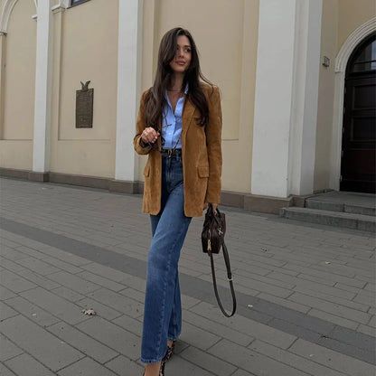 Vintage Suede Single Breasted Female Jackets Chic Long Sleeve Lapel Coats for Women 2025 Spring New Lady Outerwear High Street