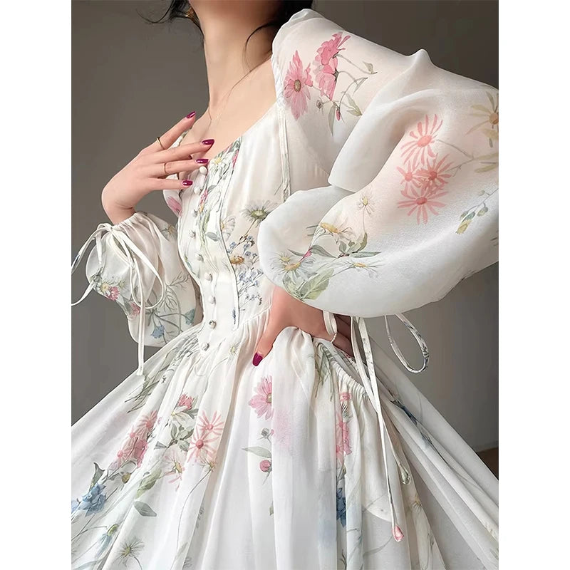 Vintage Floral Midi Dress Women Elegant Party Square Collar Dresses Summer Beach Fairy Korean Long Sleeve Bodycon Vestidos New