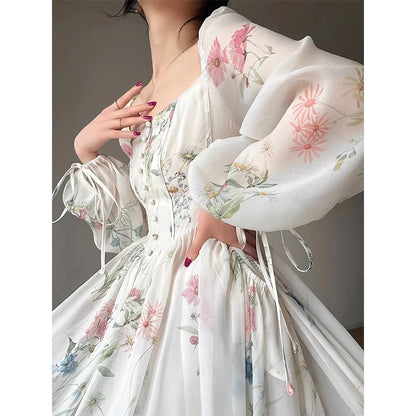Vintage Floral Midi Dress Women Elegant Party Square Collar Dresses Summer Beach Fairy Korean Long Sleeve Bodycon Vestidos New