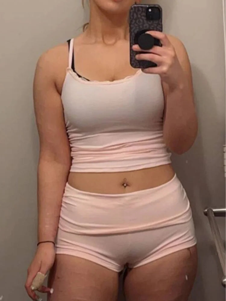 Summer Sexy Clubwear 2 Piece Set Women Pink Lace Trim Ruched Cami Top And High Waist Shorts Y2K Streetwear Going Out Outfits