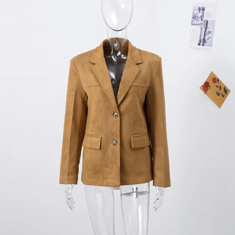 Vintage Suede Single Breasted Female Jackets Chic Long Sleeve Lapel Coats for Women 2025 Spring New Lady Outerwear High Street