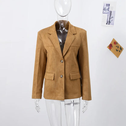 Vintage Suede Single Breasted Female Jackets Chic Long Sleeve Lapel Coats for Women 2025 Spring New Lady Outerwear High Street
