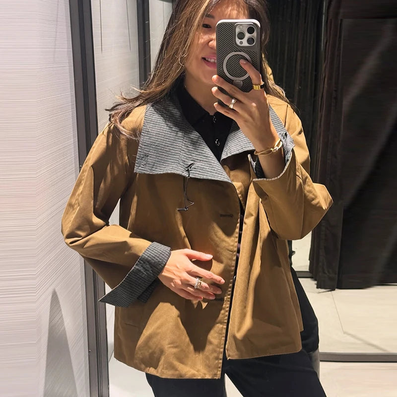 HXAO Women's Jacket Autumn Crop Reversible Trench Coat New In Coat & Jacket Asymmetric Button High Neck Long Sleeve Windbreaker