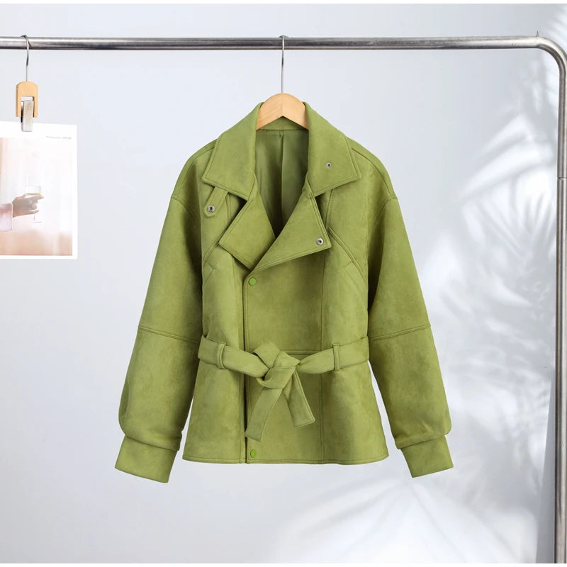 Autumn Women's Green Suede Short Jacket Loose Lapel Zipper Long Sleeve Bomber Coat Female 2025 New Lady High Street Outwears