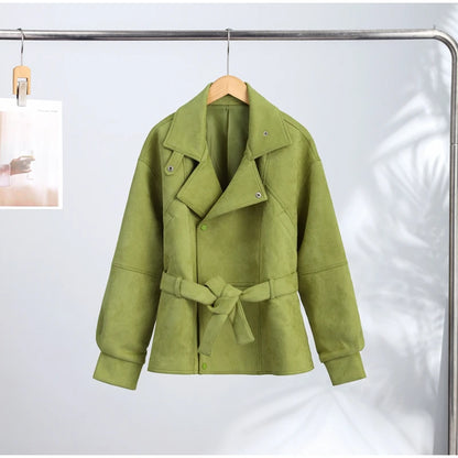 Autumn Women's Green Suede Short Jacket Loose Lapel Zipper Long Sleeve Bomber Coat Female 2025 New Lady High Street Outwears