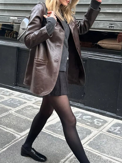 Brown Vintage Leather Jacket Lapel Breasted Pocket Women Commute Temperament Casual Suit PU Leather Coat Spring Autumn Blouse