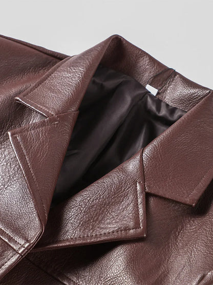 Brown Vintage Leather Jacket Lapel Breasted Pocket Women Commute Temperament Casual Suit PU Leather Coat Spring Autumn Blouse