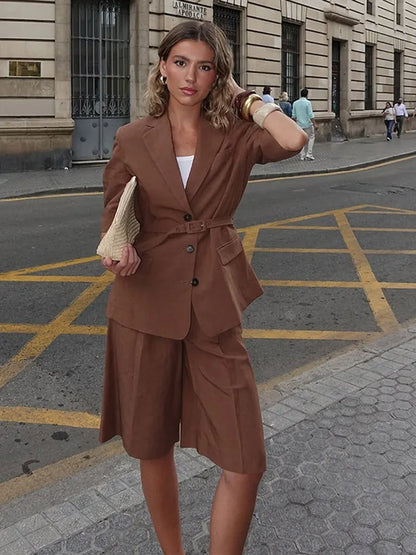 Cotton Linen Belt Blazer Shorts Sets Women Loose Lapel Half Sleeve Jackets Wide Leg Short Pants 2025 Summer Lady Street Outfits